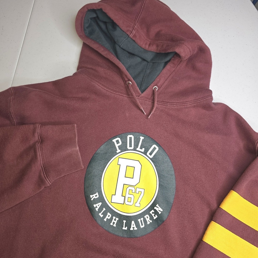 POLO RALPH LAUREN‎ Men's XL Burgandy P67 Rugby Hoodie Vintage Distressed -1341